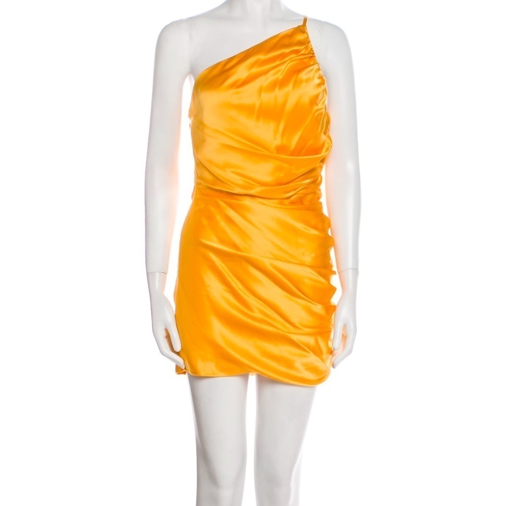The Sei Silk One Shoulder Ruched Mini Dress Yellow Satin XS Cocktail Designer - Picture 3 of 6